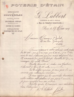 PARIS - POTERIE D' ETAIN , SPECIALITE COUVERCLES , REPARATIONS - G. LUBBERT - LETTRE - 1909 - 1900 – 1949