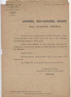 Guerre De 14,armistice,12-11-1918, Commandement Armées Alliées, Foch, Proclamation Tous Les Soldats, Général Pétain - Documents