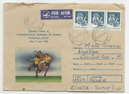 ROMANIA 5LX3 LETTRE COVER AVION BUCURESTI 1990 CAMPION MONDIAL FOOTBALL SOCCER ROMANIA URSS TO GENEVE - Cartas & Documentos