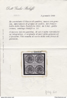 1852 Stato Pontificio, 3 Baj Giallo Cromo  N° 4A QUARTINA CON INTERSPAZIO Cert. - Stato Pontificio