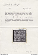 1852 Stato Pontificio, 3 Baj Giallo Cromo  N° 4A QUARTINA CON INTERSPAZIO Cert. - Etats Pontificaux