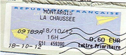 VIGNETTE ETIQUETTE DE GUICHET SUR ENVELOPPE ENTIÈRE - " MONTARGIS LA CHAUSSEE " (_E451) - 2000 Type « Avions En Papier »