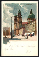 Künstler-Lithographie Heinrich Kley: München, Partie An Der Theatinerkirche  - Kley