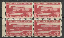 Turkey; 1941 Izmir International Fair 6 K. "Double Perf. ERROR" (Block Of 4) - Ungebraucht