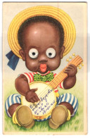 Glasaugen-AK Kleiner Afroamerikaner Mit Kulleraugen Und Strohhut Spielt Banjo  - Sonstige & Ohne Zuordnung