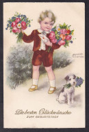 Hannes Petersen - Die Beste Gluckwunsche Zum Geburtstage / Boy With Letter And Flowers / Postcard Circulated, 2 Scans - Petersen, Hannes