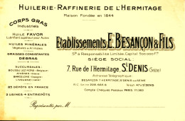 3194 Bis  - Carte De Visite  HUILE  RAFFINERIE DE L'HERMITAGE  - Ets E. BESANCON & FILS  - St DENIS ( Seine) - Cartes De Visite