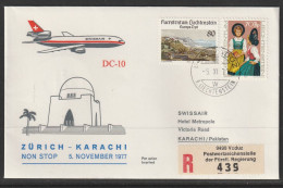 1977, Swissair, Erstflug, Liechtenstein - Karachi Pakistan - Luchtpostzegels