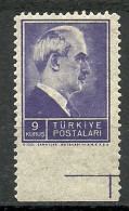 Turkey; 1942 1st Inonu Issue 9 K. ERROR "Imperf. Edge" - Ungebraucht