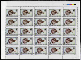 Uruguay 1993, WWF The Great Rhea 50c Complete Sheet Of 25 With Perforations Misplaced Obliquely, Sheetlet - Uruguay