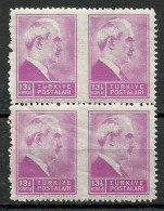 Turkey; 1942 1st Inonu Issue 13 1/2 K. ERROR "Partially Imperf." (Block Of 4) - Neufs