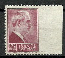 Turkey; 1942 1st Inonu Issue 17 1/2 K. ERROR "Imperf. Edge" - Unused Stamps