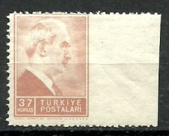Turkey; 1942 1st Inonu Issue 37 K. ERROR "Imperf. Edge" - Nuevos