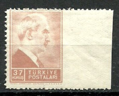 Turkey; 1942 1st Inonu Issue 37 K. ERROR "Imperf. Edge" - Ungebraucht