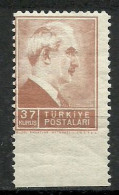 Turkey; 1942 1st Inonu Issue 37 K. ERROR "Imperf. Edge" - Nuevos