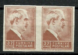 Turkey; 1942 1st Inonu Issue 37 K. ERROR "Imperf. Pair" - Ongebruikt