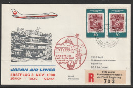 1980, JAL, Erstflug, Liechtenstein - Osaka Japan - Luchtpostzegels