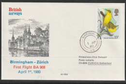 1980, British Airways, Erstflug, Birmingham - Zürich - Storia Postale