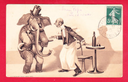 Animaux-509A45  éléphant Humanisé Avec Parapluie Et Haut De Forme Qui Rentre Dans Un Bar, Cpa BE - Elefanten