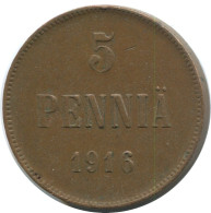 5 PENNIA 1916 FINLAND Coin RUSSIA EMPIRE #AB132.5.U.A - Finlandia