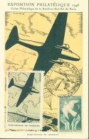 Exposition Philatélique 1946 Parachutage De Courrier CAD Illustré Maisons Alfort 19 20 OCT 1945 CP + Vignette - 1927-1959 Briefe & Dokumente