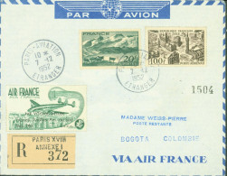 Recommandé Par Avion CAD Paris Aviation étranger 7 12 1952 YT N°582 + Poste Aérienne 24 Vignette Air France - 1927-1959 Lettres & Documents