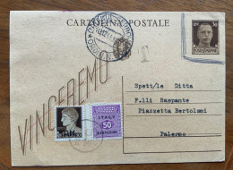 SICILIA - OCCUPAZIONE ANGLO AMERICANA - 50 C. + Imperiale 10 C. P.M. - C.P. DA CATANIA A PALERMO DEL 10/12/44 - Ocu. Anglo-Americana: Sicilia