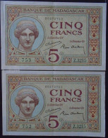 MADAGASCAR , P 35 , 5 Francs , ND 1937  , EF  SUP, 2 Notes - Madagaskar