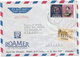 Ethiopia Airmail Registered Commerce Cover Asmara 14jul1969 To Italy With Peace Issue E$1 Solo Franking - Ethiopie