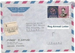 Ethiopia Airmail Registered Commerce Cover Asmara 11jun1969 To Italy With Peace Issue E$1 Solo Franking - Ethiopie