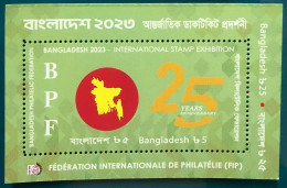 Bangladesch 2024 FIP International Stamp Exhibition 2023 25 Years Of Philatelic Federation Logo MS MNH Map Flag - Philatelic Exhibitions