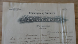 Facture HUILES D'OLIVES - E Girard A PUYMERAS - 1914 .......... CL9-52 - Alimentaire