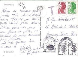 TAXE N° 111/104x2 S/CP.DE ATTICHY + TAXEE A AULNAY SS BOIS/20.8.86 - 1960-.... Storia Postale