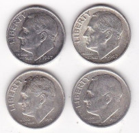 Etats-Unis.  Lot De 4 Pièces De Monnaie,  One Dime, Roosevelt, En Argent - 1946-...: Roosevelt