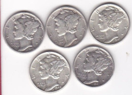 Etats-Unis.  Lot De 5 Pièces De Monnaie, Mercury, En Argent - 1916-1945: Mercury (Mercure)
