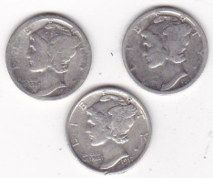 Etats-Unis.  Lot De 3 Pièces De Monnaie, Mercury, En Argent - 1916-1945: Mercury (Mercure)