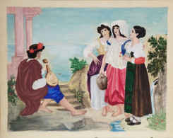 Aquarelle Et Dessin: Trois Jeunes Filles & Musicien. Scène De Genre De La Vie Quotidienne. B.F. Fond D'Atelier Vers 1900 - Acquarelli