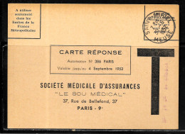 F376 - CARTE REPONSE DE LA SOCIETE MEDICALE D'ASSURANCES OBLITEREE SAINT MIHIEL DU 30/06/52 - Frankobriefe