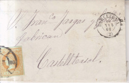 Año 1860 Edifil 52 4c Isabel II Carta Castelltersol Matasellos Rueda Carreta 2 Barcelona Membrete Sebastian Salvado - Storia Postale