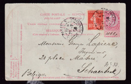 DDFF 868 -- Entier Postal Fine Barbe REPONSE - Ajout D'un TP 10 C Semeuse France PARIS 1908 Vers SCHAERBEEK Bruxelles - Postcards 1871-1909