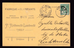 DDFF 872 -- Belgium - Carte Privée TP Pellens THIELT 1913 Vers LICHTERVELDE - Articles Pour Brasserie , Malts - Beers