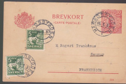 Sweden Postal  Entier Postal Suède  10 öre  & 2 Timbres 5 öre    Brevkort     Destination   Saumur   France  Année 1937 - Cartas & Documentos