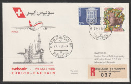 1986, Swissair, Erstflug, Zürich - Bahrain - Erst- U. Sonderflugbriefe