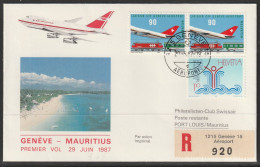 1987, Air Mauritius, Erstflug, Genf - Port Louis - Erst- U. Sonderflugbriefe