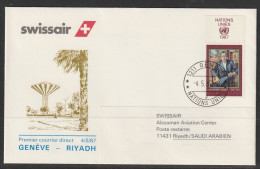 1987, Swissair, Erstflug, Genf UN - Riyadh Saudi Arabia - Erst- U. Sonderflugbriefe