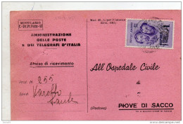 1945 RICEVUTA DI RITORNO CON ANNULLO PIOVE DI SACCO PADOVA - Marcofilía