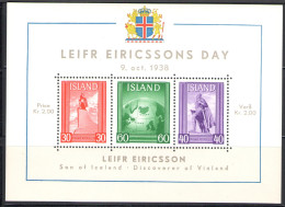1938 ISLANDA, Giornata Di Leifr Eiricsson - Leifr Eiricssons Day, BF 2, MNH** - Altri & Non Classificati