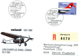 Jubiläumsflug Basel Zürich 26 3 1981 - Swissair - Timbre 653 - Autres & Non Classés