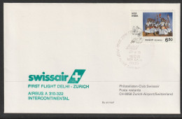 1991, Swissair, Erstflug, New Delhi India - Zürich - Poste Aérienne