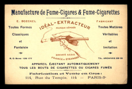 CARTES DE VISITE - PARIS 8EME - MANUFACTURE DE FUME-CIGARES ET CIGARETTES, 114 RUE DU TEMPLE - Cartoncini Da Visita